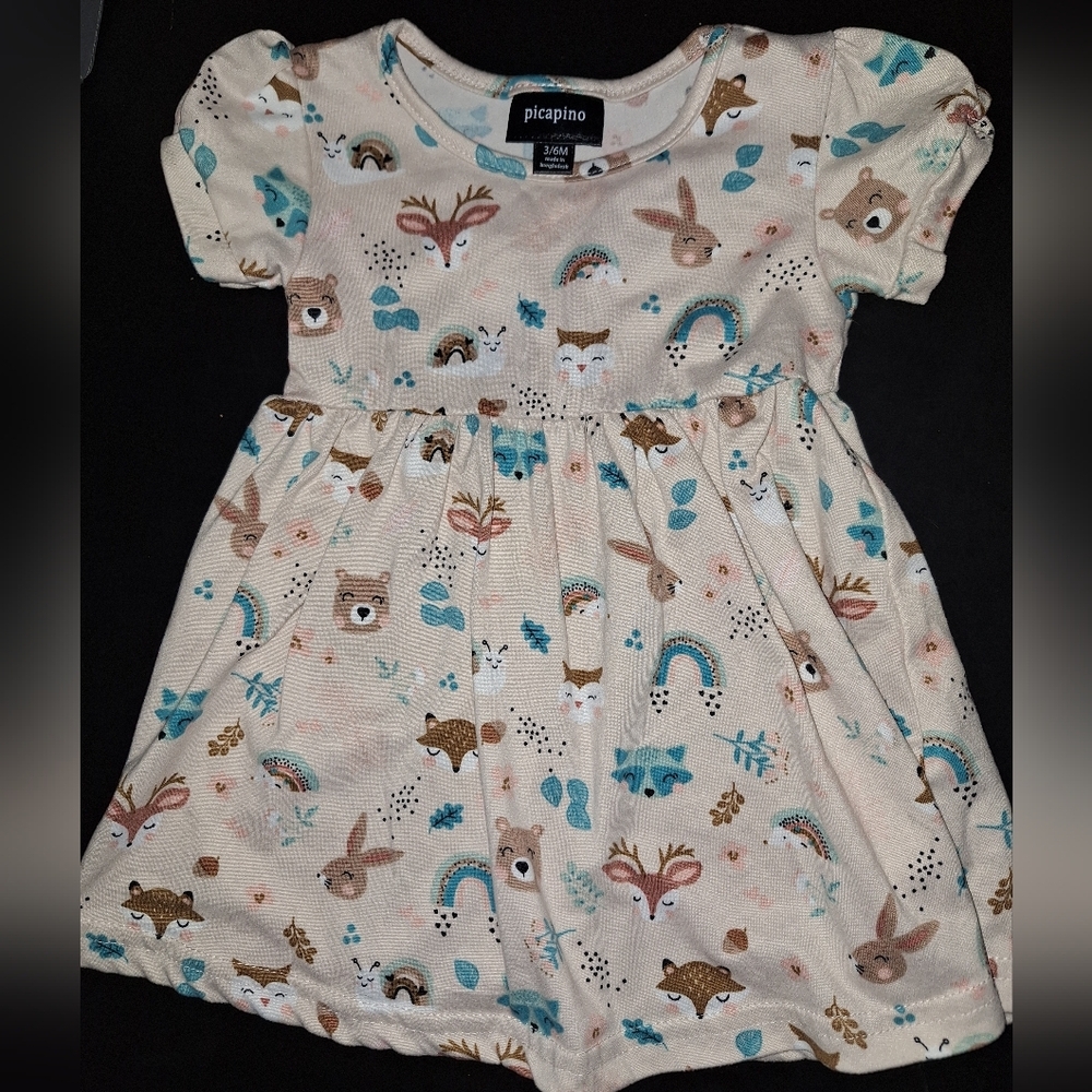 5/$20 Picapino Super Soft Light Pink Baby Dress with Animal Print 3-6M